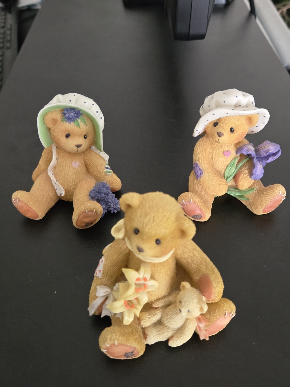Cherished Teddies Tan Bear Figurine Trio with Pastel Floral Hats